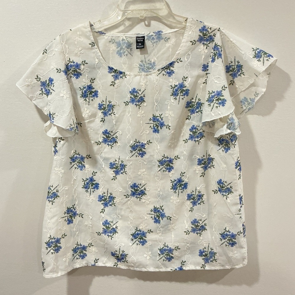 Emery‎ Rose Blouse Women's Size XL Flutter Sleeve Lace Embroidered Floral